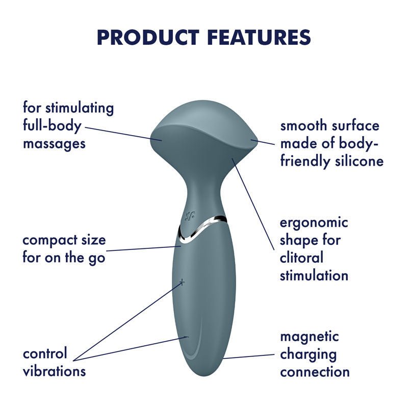 Satisfyer - mini wand-er - clitoral vibrator - Grey, Product side view, with specifications  | Flirtybay.com.au
